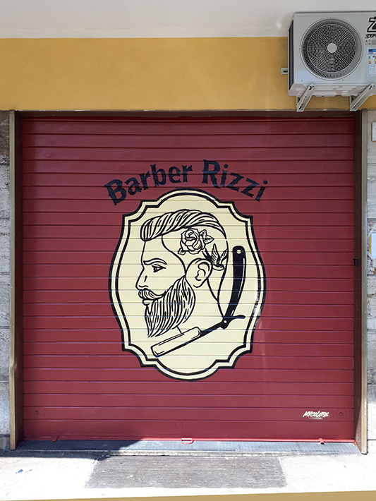 Decorazione serranda Barbiere Rizzi, spray acrilico, Roma